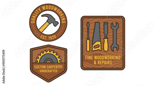 Set of Woodworking and Carpentry Badges with Tools and Saws. Vector Illustrations. EPS Editable
