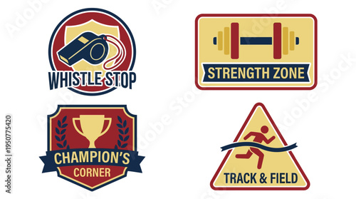 Sports Patches Collection Featuring Track and Field Logos and Badges. Vector Illustrations. EPS Editable