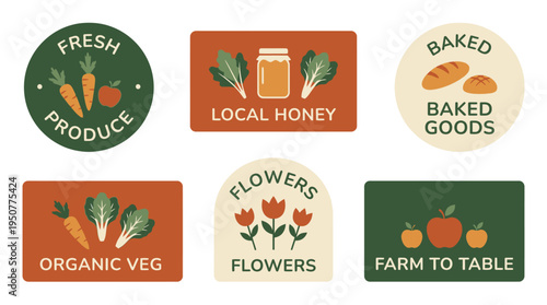 Set of six farm fresh produce and local goods labels. Vector Illustrations. EPS Editable