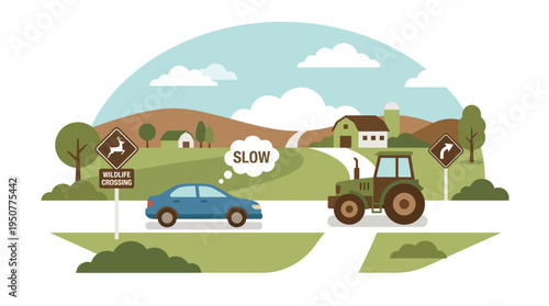 Tractor and Car on Rural Road Amid Green Countryside. Vector Illustrations. EPS Editable