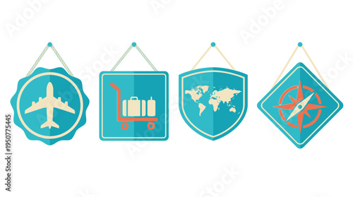 Travel Icons Hanging Signs Featuring Airplane World Map. Vector Illustrations. EPS Editable