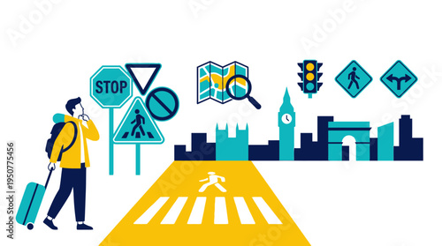Traveler At City Crosswalk With Signs And Skyline. Vector Illustrations. EPS Editable