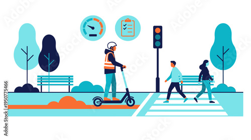Urban Park Scene With Scooter Rider And Pedestrian Crossing. Vector Illustrations. EPS Editable