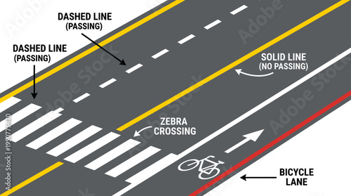 Urban Street Scene with Bicycle Lane and Zebra Crossing. Vector Illustrations. EPS Editable