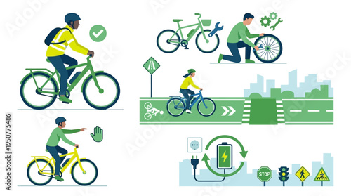 Vibrant Urban Cycling Scene With Eco Friendly Bicycles. Vector Illustrations. EPS Editable