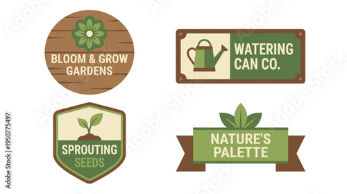 Whimsical Garden Logos Bloom and Grow. Vector Illustrations. EPS Editable