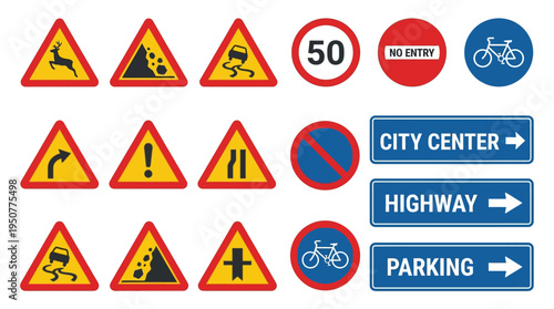 Warning Road Signs Collection with Traffic Symbols. Vector Illustrations. EPS Editable