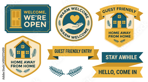 Welcome Home Badges and Labels Set for Guest Friendly Entry. Vector Illustrations. EPS Editable