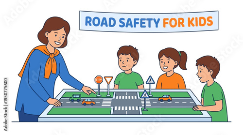 Children Learning Road Safety Rules from Teacher with Traffic Model. Vector Illustrations. EPS Editable