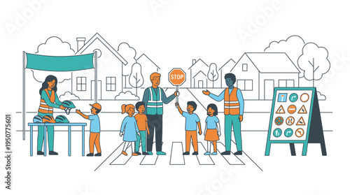 Children learning road safety with instructors at a crosswalk. Vector Illustrations. EPS Editable