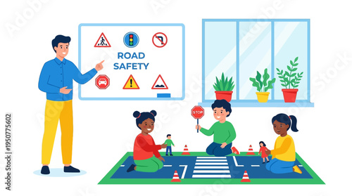 Children Learning Road Safety Rules in a Fun Classroom Setting. Vector Illustrations. EPS Editable
