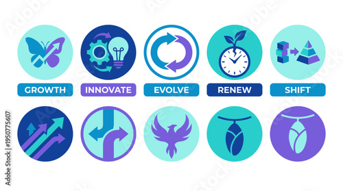 Circular Growth and Innovation Icons Set for Business. Vector Illustrations. EPS Editable