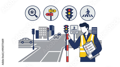 City Road Construction Worker Inspecting Traffic Signals. Vector Illustrations. EPS Editable