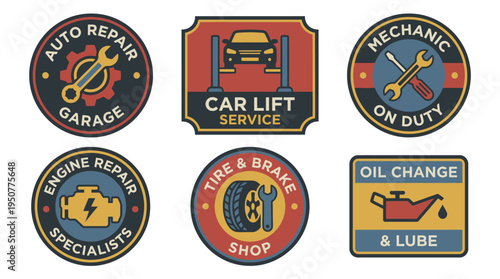 Collection of Automotive Service Badges and Emblems. Vector Illustrations. EPS Editable