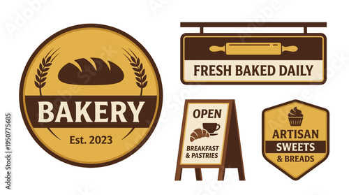 Collection of Bakery Signs and Logos for Artisan Sweets and Breads. Vector Illustrations. EPS Editable