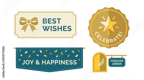 Collection of festive banners and badges for celebrations and well wishes. Vector Illustrations. EPS Editable