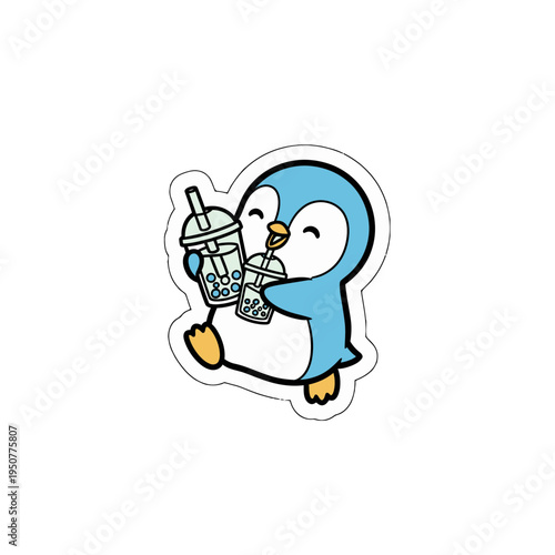 Charming kawaii penguin holding delicious bubble tea, a delightful cute sticker illustration perfect as an svg vector graphic for various playful designs