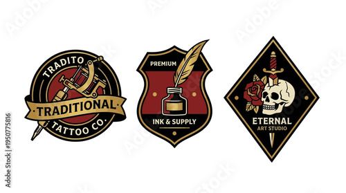 Collection of Three Vintage Tattoo Style Badges Featuring Skulls Hammers and Inkwells. Vector Illustrations. EPS Editable