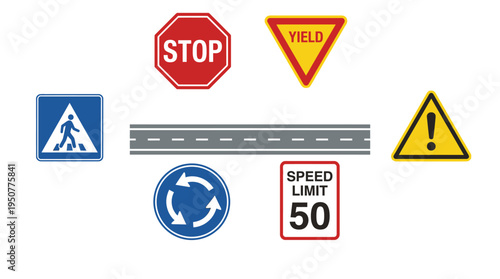Collection of various road signs and a segment of road on a white background. Vector Illustrations. EPS Editable