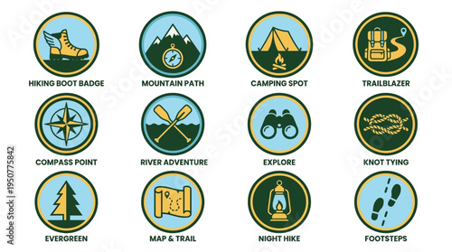 Collection of Travel Badges and Circular Emblems for Exploration. Vector Illustrations. EPS Editable