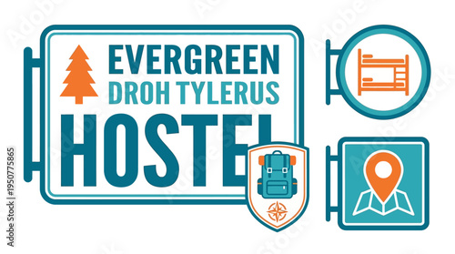 Colorful Hostel Signboard and Emblem Graphic for Travel Lodging Theme. Vector Illustrations. EPS Editable