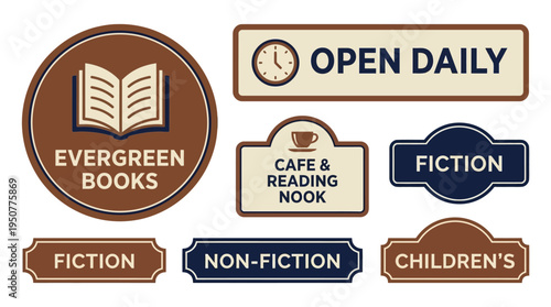 Collection of Vintage Bookshop and Cafe Signs with Text and Icons. Vector Illustrations. EPS Editable
