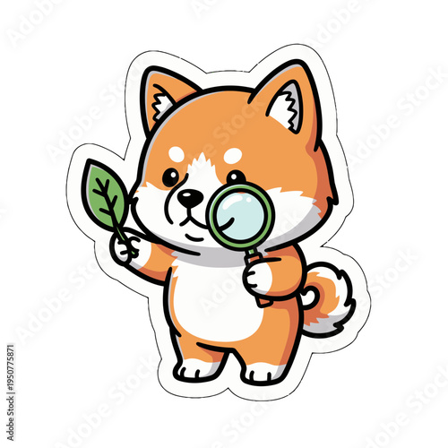 Adorable kawaii dog character holding a magnifying glass and a vibrant leaf, perfect as a cute sticker illustration. This charming vector SVG graphic brings joy and curiosity to any design project