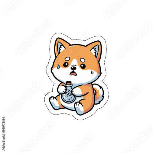 Adorable kawaii worried dog holding a mysterious potion, a charming cute sticker svg vector illustration ideal for playful designs and digital crafting