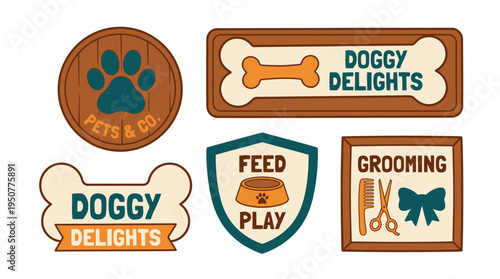 Colorful Doggy Delights Logo Collection Featuring Collars and Treats. Vector Illustrations. EPS Editable