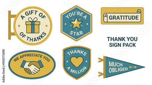 Colorful Thank You and Gratitude Stickers Set For Gifts and Cards. Vector Illustrations. EPS Editable