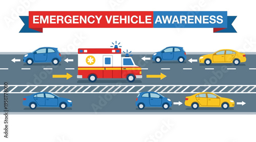 Emergency Vehicle Awareness Ambulance on Highway with Cars Moving Aside. Vector Illustrations. EPS Editable