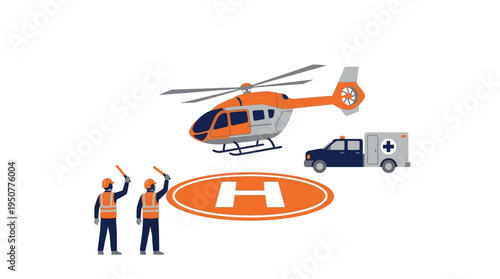 Emergency Rescue Helicopter Landing Scene With Ambulance And Responders. Vector Illustrations. EPS Editable