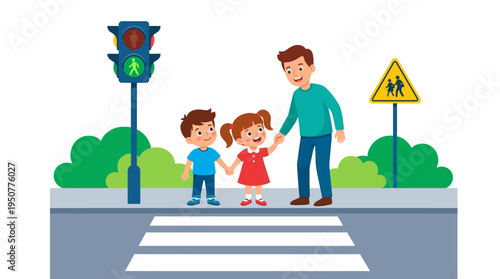 Father and children crossing road safely at pedestrian crossing with green light. Vector Illustrations. EPS Editable