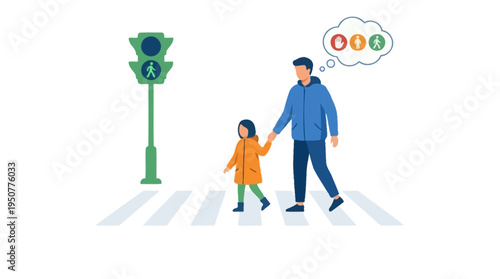 Father and daughter crossing street at crosswalk with green traffic light. Vector Illustrations. EPS Editable