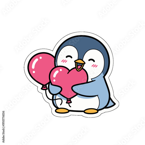 Adorable kawaii penguin holding a pink heart and balloon, a charming cute sticker svg vector illustration for happy celebrations and sweet designs