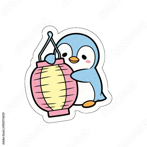 Adorable kawaii penguin with a vibrant lantern, a charming cute sticker graphic, perfectly designed as an editable svg vector illustration for various creative projects and delightful decor