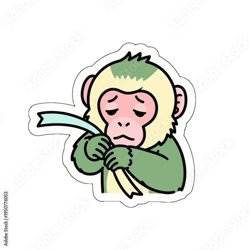 Kawaii sad monkey cute sticker vector illustration showing a melancholic primate holding a ribbon, perfect as a versatile SVG graphic