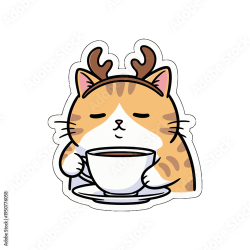 Charming kawaii cute sticker vector a cozy cartoon cat with deer antlers enjoying coffee, a delightful SVG asset for digital designs