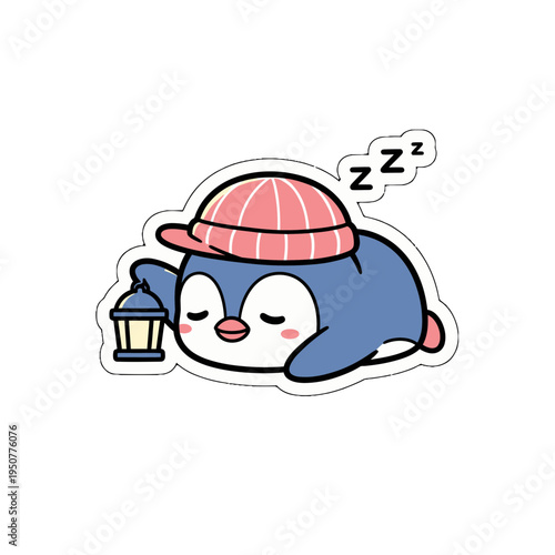 Adorable sleeping penguin with a cozy hat and lantern, a delightful kawaii cute sticker svg vector graphic for charming designs and sweet dreams