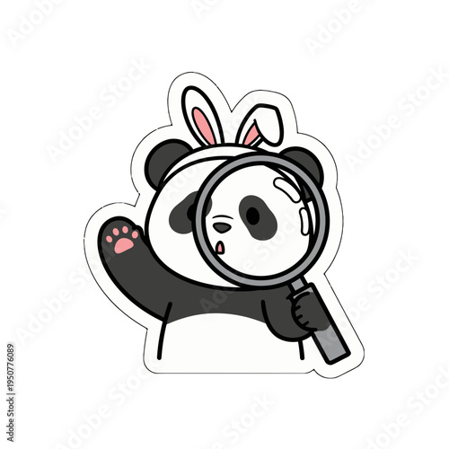 Whimsical Kawaii Panda Detective Cute Sticker SVG Vector. Adorable Character with Bunny Ears and Magnifying Glass, Perfect for Playful Graphics