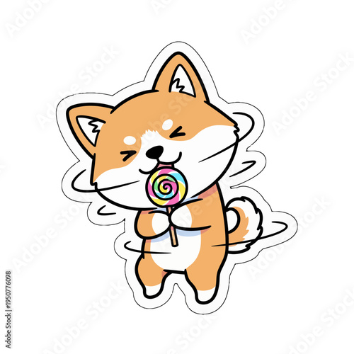 Kawaii cute sticker featuring an adorable dog licking a colorful lollipop, perfect as a playful vector SVG illustration for any digital project