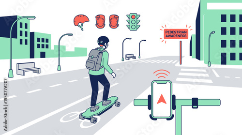 Man riding electric skateboard in city street with safety gear and navigation app. Vector Illustrations. EPS Editable