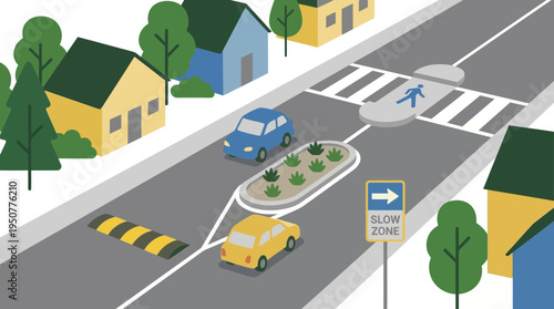 Isometric View of a Residential Street with Traffic Calming Measures. Vector Illustrations. EPS Editable