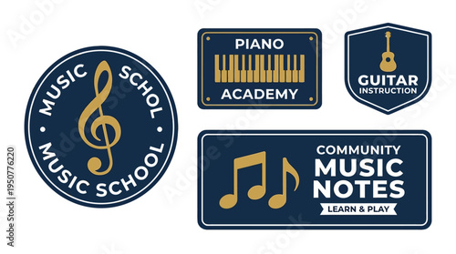 Music School Logos Collection Featuring Instruments and Notes. Vector Illustrations. EPS Editable
