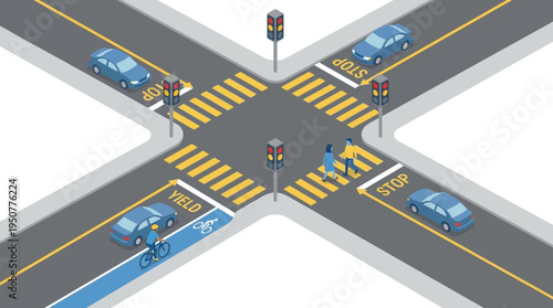 Isometric view of a city street intersection with cars pedestrians and traffic lights. Vector Illustrations. EPS Editable