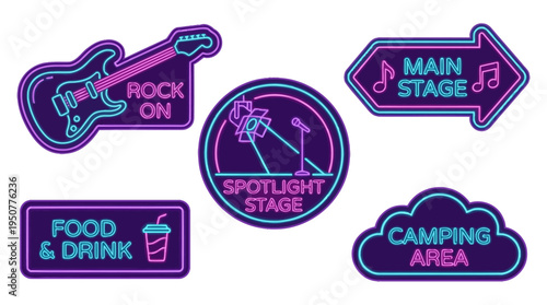 Neon Music Festival Signs Collection Guitar Main Stage Spotlight Food Camping. Vector Illustrations. EPS Editable