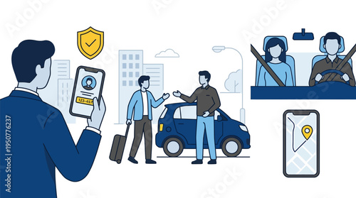 Man using ridesharing app meeting driver and passengers in car with location tracking. Vector Illustrations. EPS Editable