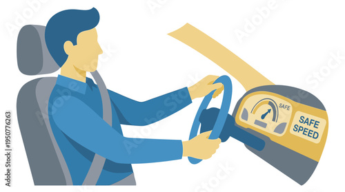Man driving a car with a safe speed indicator on the dashboard. Vector Illustrations. EPS Editable
