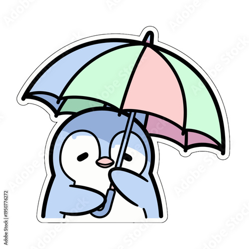 Sweet kawaii blue penguin shelters under a vibrant pastel umbrella, an irresistible cute sticker. This scalable svg vector brings joy to any project or digital collection