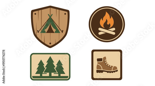 Outdoor Camping Icons Set Featuring Tent Campfire Forest and Trail Emblems. Vector Illustrations. EPS Editable